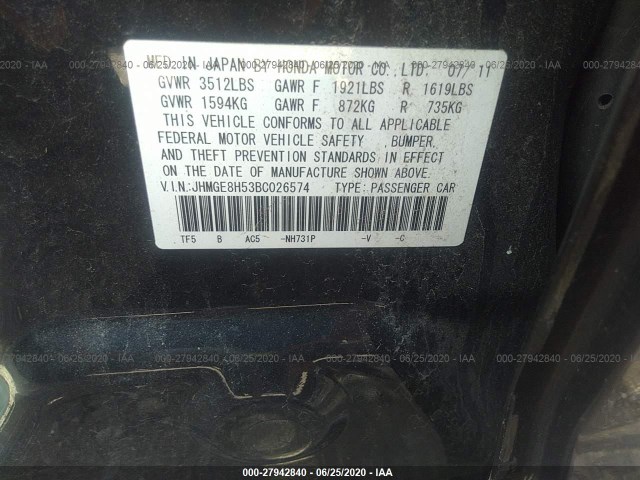 Photo 8 VIN: JHMGE8H53BC026574 - HONDA FIT 