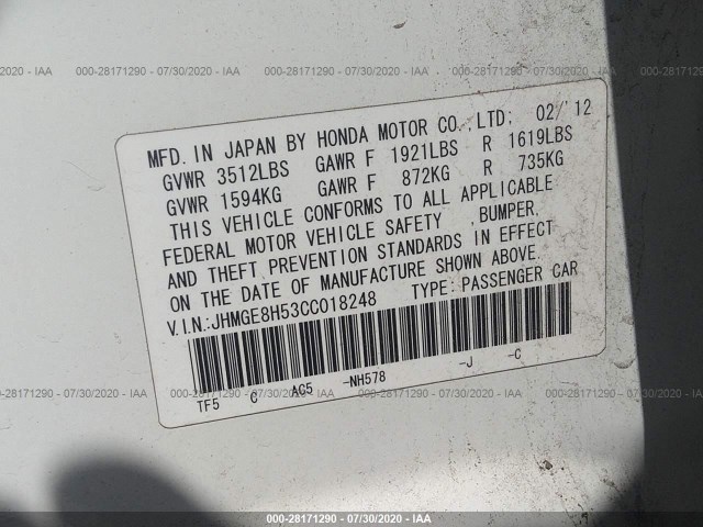 Photo 8 VIN: JHMGE8H53CC018248 - HONDA FIT 