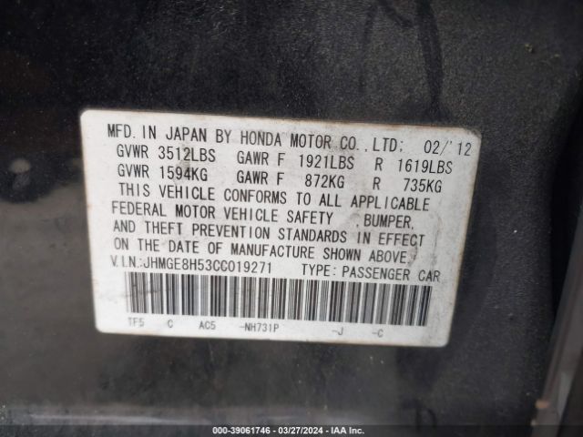 Photo 8 VIN: JHMGE8H53CC019271 - HONDA FIT 