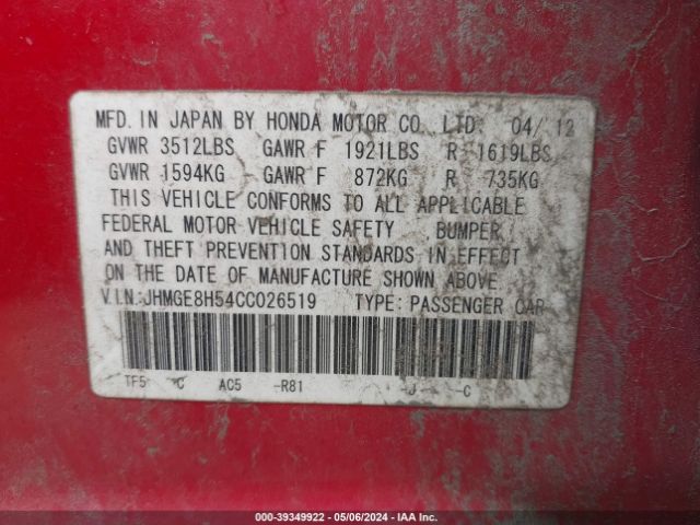 Photo 8 VIN: JHMGE8H54CC026519 - HONDA FIT 