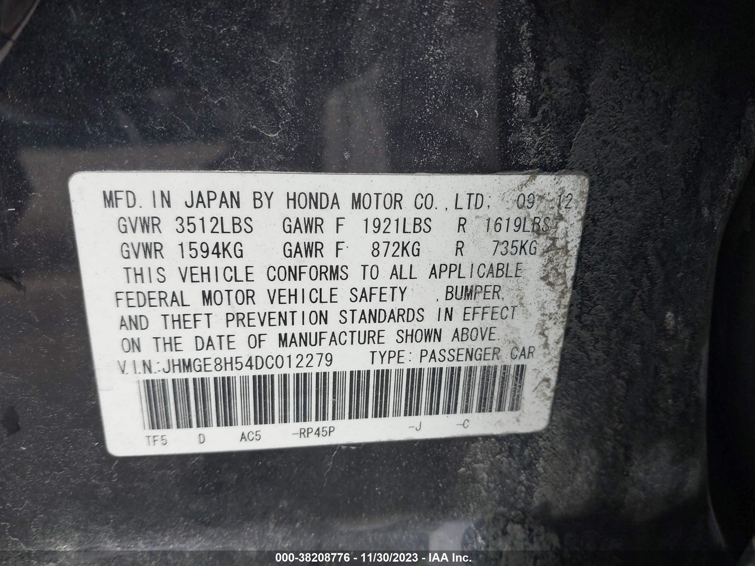 Photo 8 VIN: JHMGE8H54DC012279 - HONDA FIT 