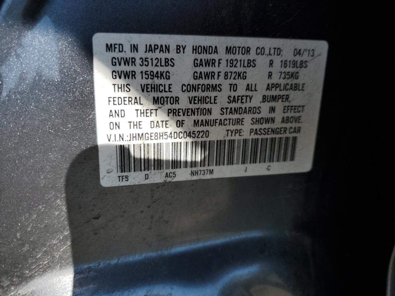 Photo 11 VIN: JHMGE8H54DC045220 - HONDA FIT 