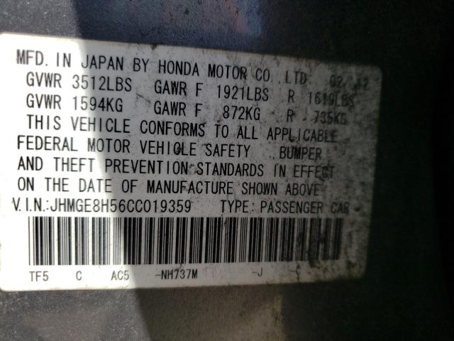 Photo 9 VIN: JHMGE8H56CC019359 - HONDA FIT 