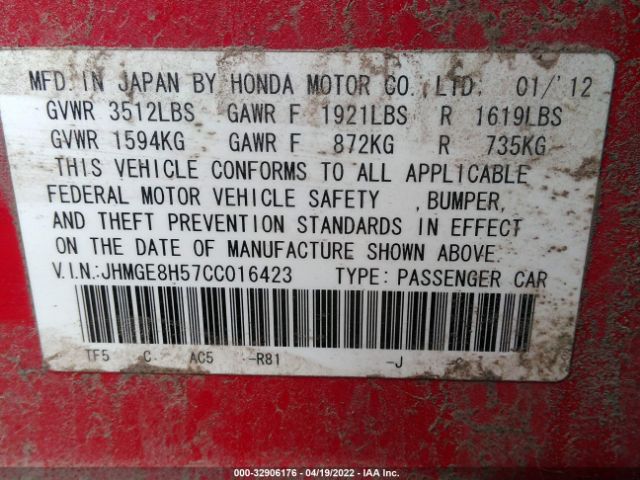 Photo 8 VIN: JHMGE8H57CC016423 - HONDA FIT 