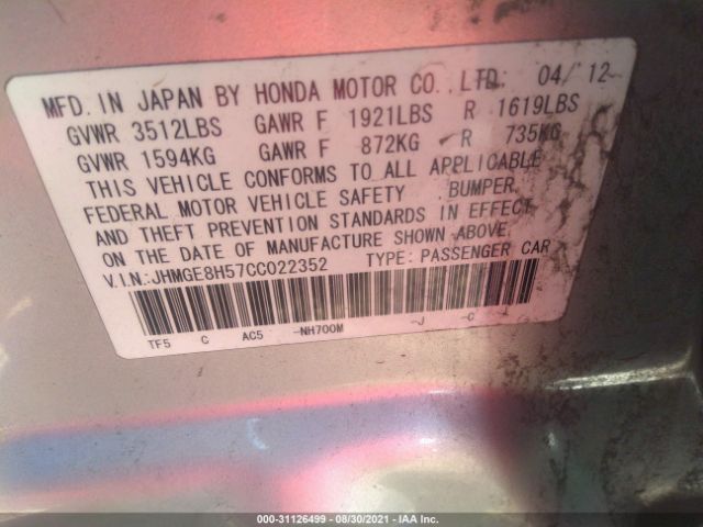 Photo 8 VIN: JHMGE8H57CC022352 - HONDA FIT 