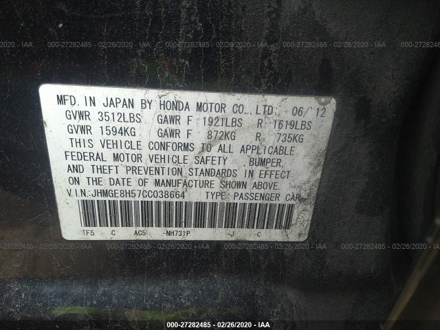 Photo 8 VIN: JHMGE8H57CC038664 - HONDA FIT 