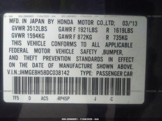 Photo 8 VIN: JHMGE8H58DC038142 - HONDA FIT 