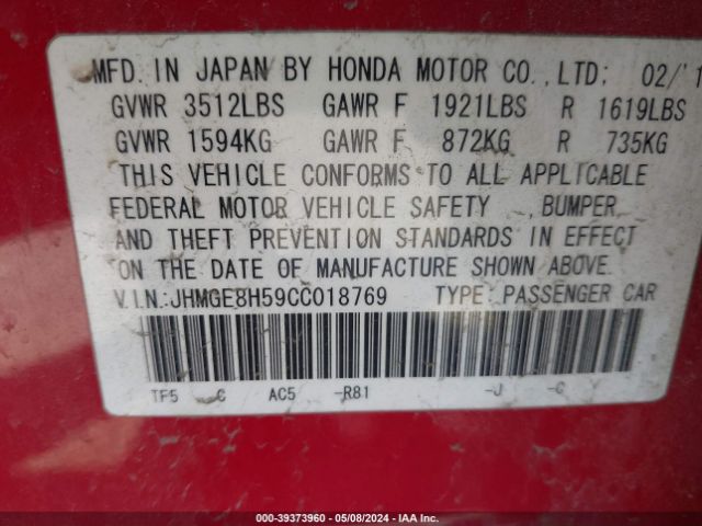 Photo 8 VIN: JHMGE8H59CC018769 - HONDA FIT 