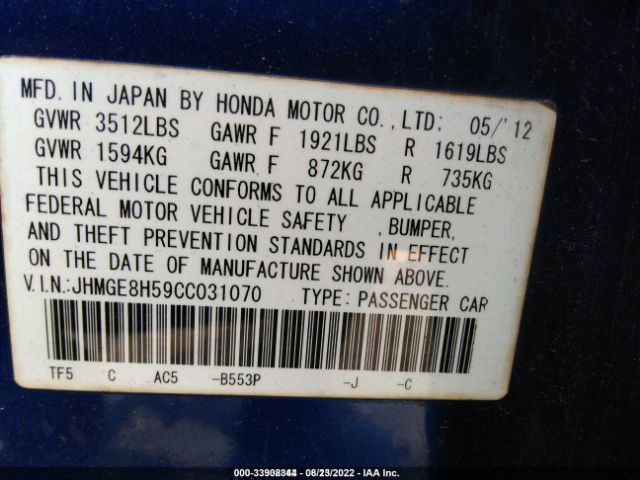 Photo 8 VIN: JHMGE8H59CC031070 - HONDA FIT 