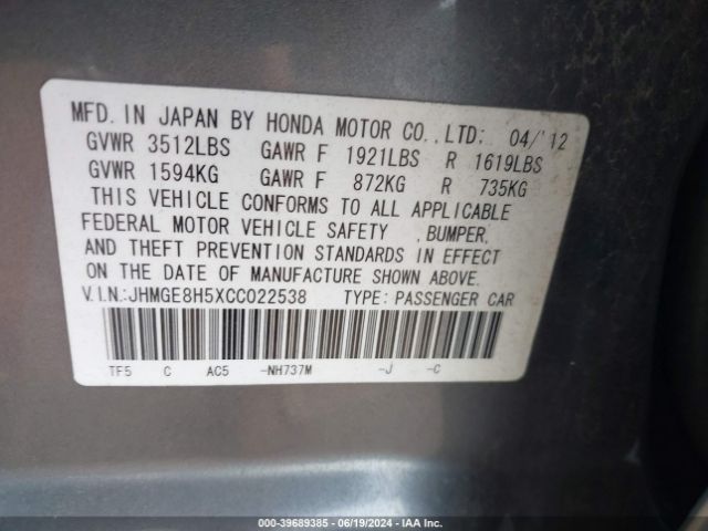 Photo 8 VIN: JHMGE8H5XCC022538 - HONDA FIT 