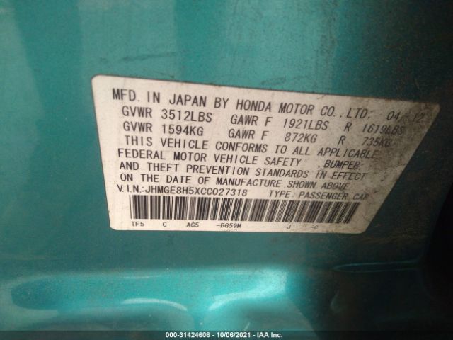 Photo 8 VIN: JHMGE8H5XCC027318 - HONDA FIT 