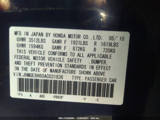 Photo 8 VIN: JHMGE8H60AC031836 - HONDA FIT 