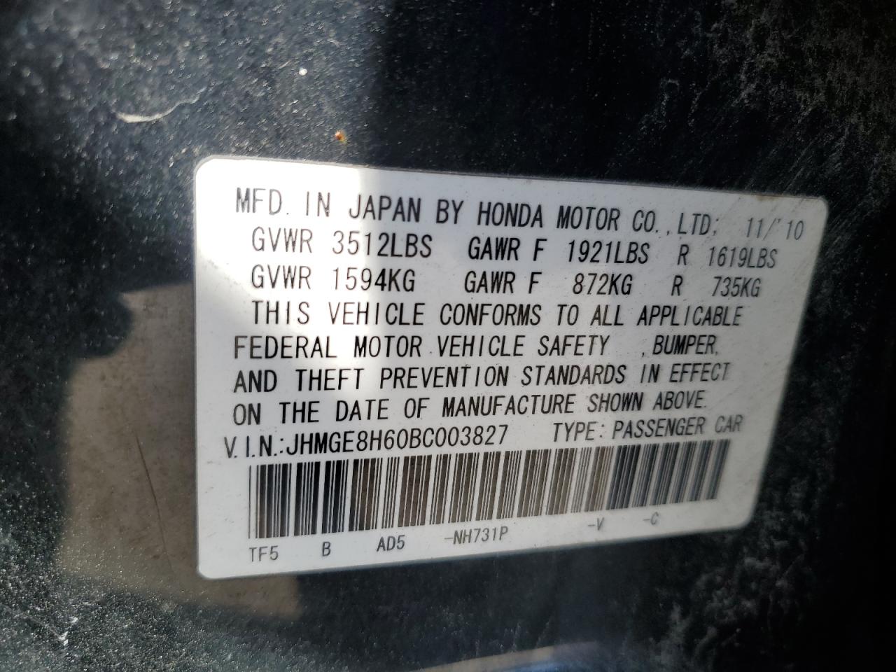 Photo 11 VIN: JHMGE8H60BC003827 - HONDA FIT 