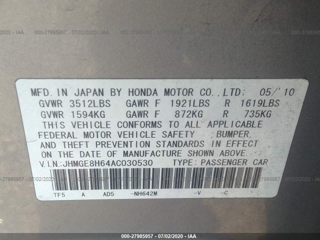 Photo 8 VIN: JHMGE8H64AC030530 - HONDA FIT 