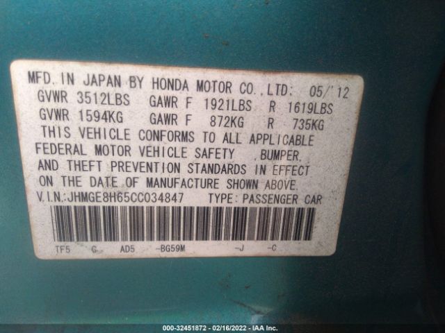 Photo 8 VIN: JHMGE8H65CC034847 - HONDA FIT 