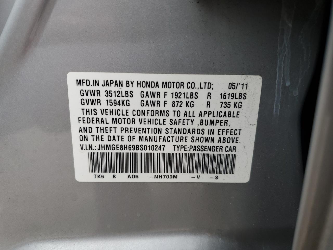 Photo 11 VIN: JHMGE8H69BS010247 - HONDA FIT 