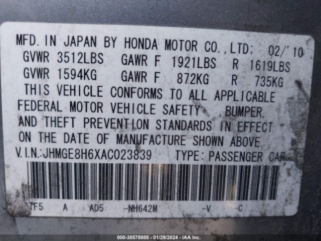 Photo 8 VIN: JHMGE8H6XAC023839 - HONDA FIT 