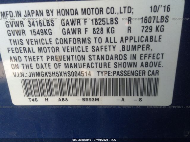 Photo 8 VIN: JHMGK5H5XHS004514 - HONDA FIT 