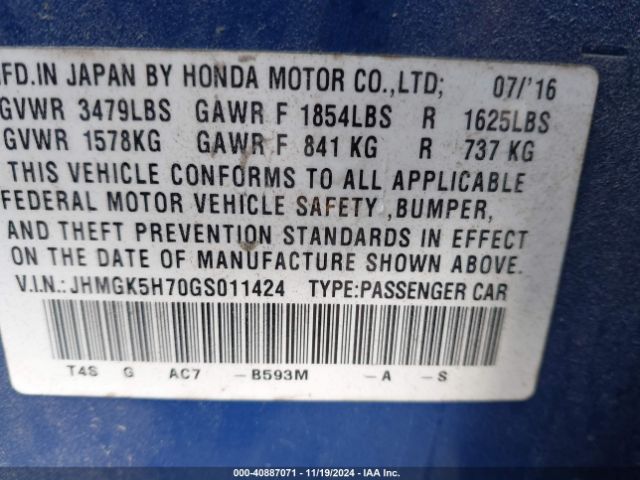 Photo 8 VIN: JHMGK5H70GS011424 - HONDA FIT 