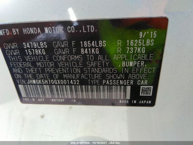 Photo 8 VIN: JHMGK5H70GX001432 - HONDA FIT 