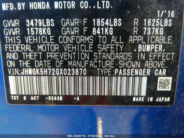 Photo 8 VIN: JHMGK5H72GX023870 - HONDA FIT 