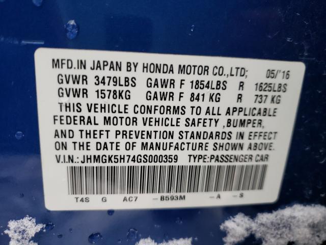 Photo 9 VIN: JHMGK5H74GS000359 - HONDA FIT EX 