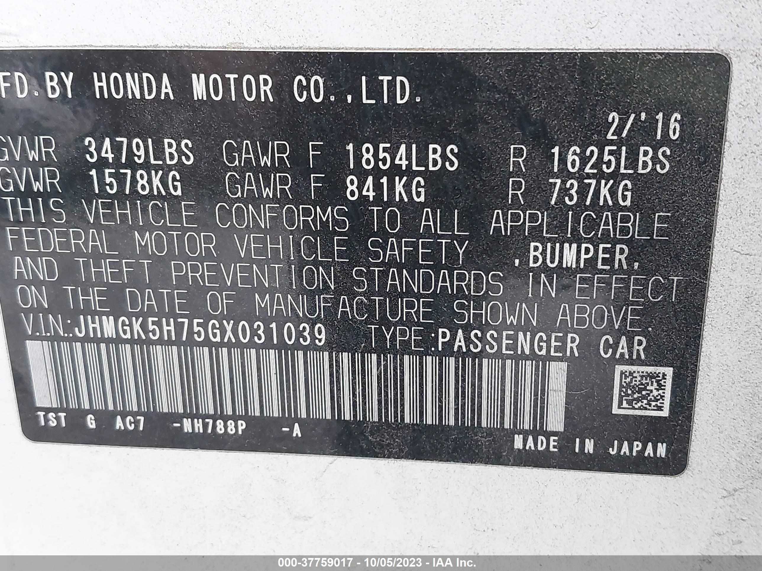 Photo 8 VIN: JHMGK5H75GX031039 - HONDA FIT 