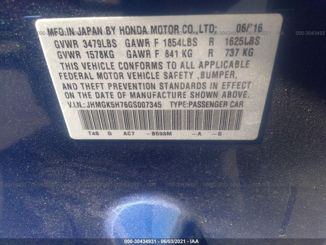 Photo 8 VIN: JHMGK5H76GS007345 - HONDA FIT 