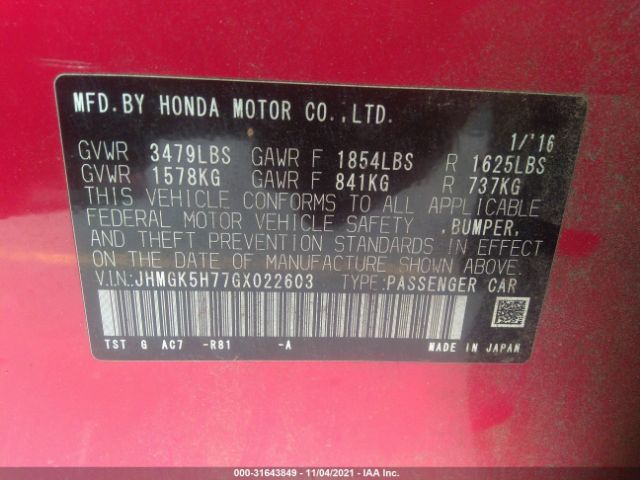 Photo 8 VIN: JHMGK5H77GX022603 - HONDA FIT 