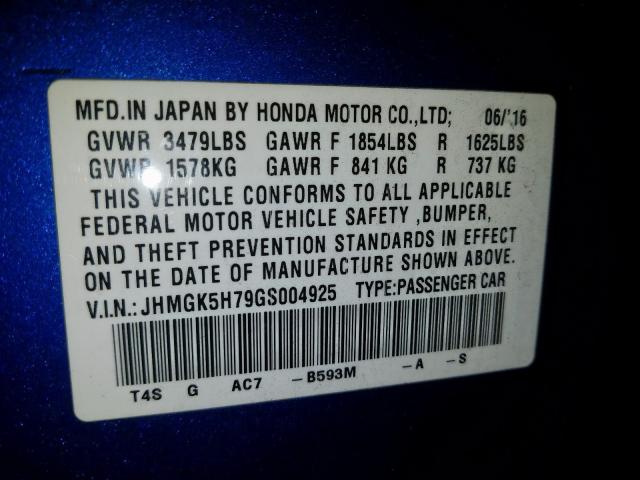 Photo 9 VIN: JHMGK5H79GS004925 - HONDA FIT EX 