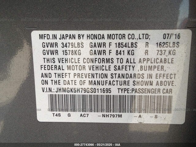 Photo 8 VIN: JHMGK5H79GS011695 - HONDA FIT 