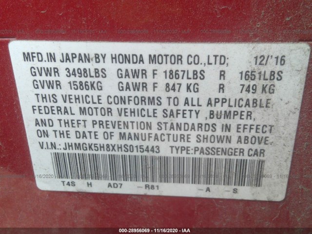 Photo 8 VIN: JHMGK5H8XHS015443 - HONDA FIT 