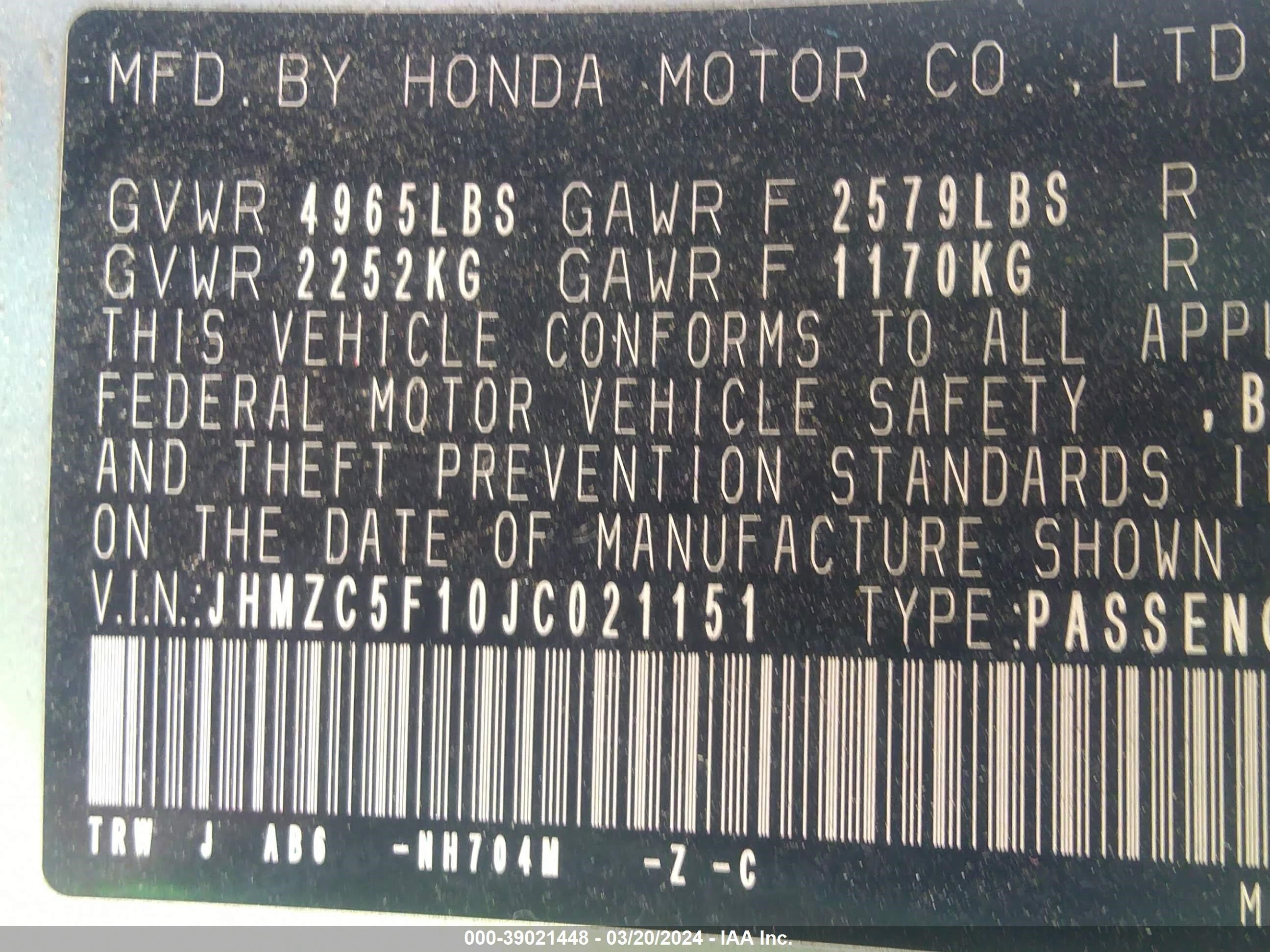 Photo 8 VIN: JHMZC5F10JC021151 - HONDA CLARITY 