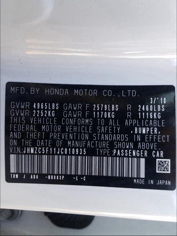 Photo 9 VIN: JHMZC5F11JC010935 - HONDA CLARITY 