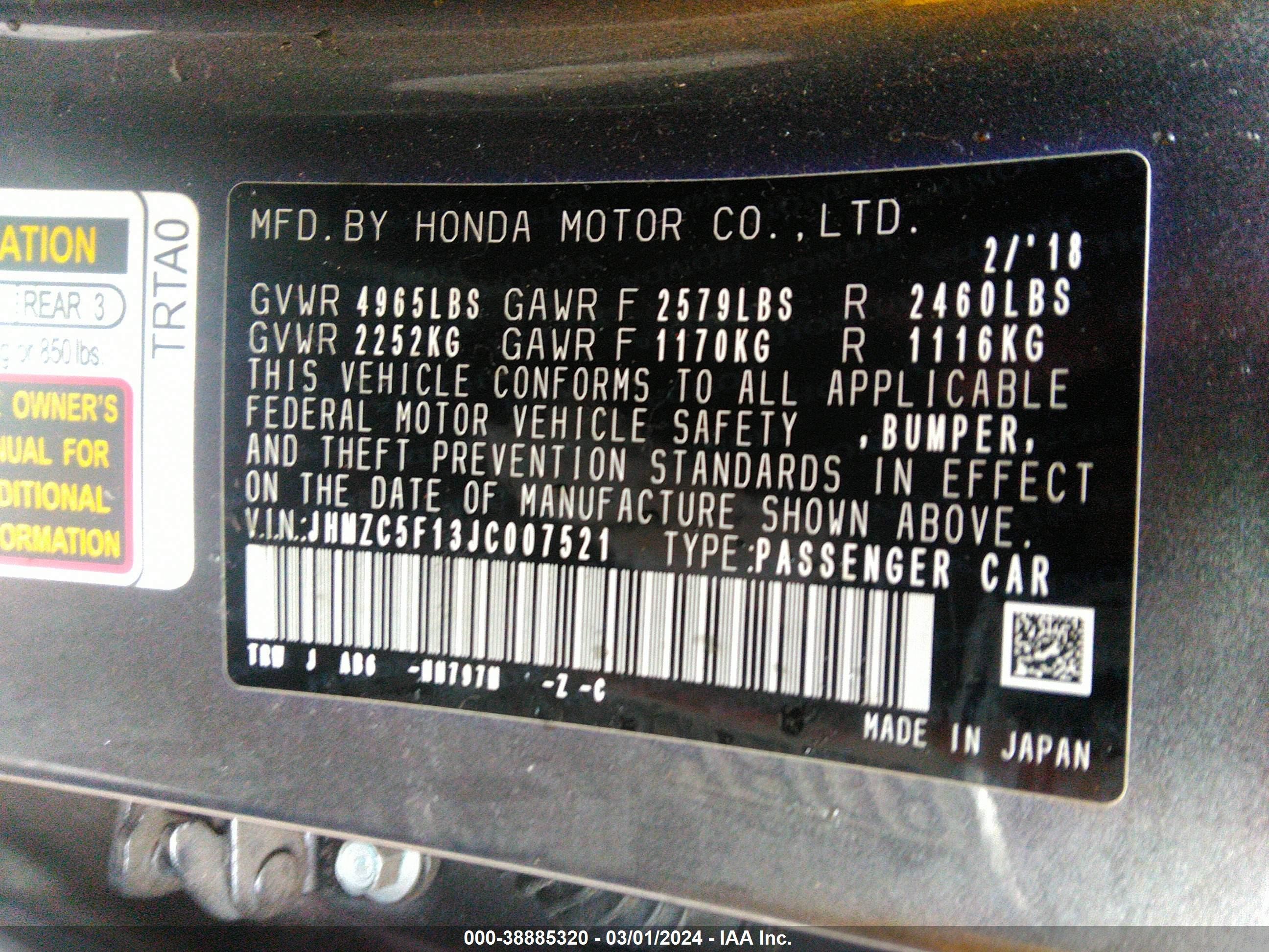 Photo 8 VIN: JHMZC5F13JC007521 - HONDA CLARITY 