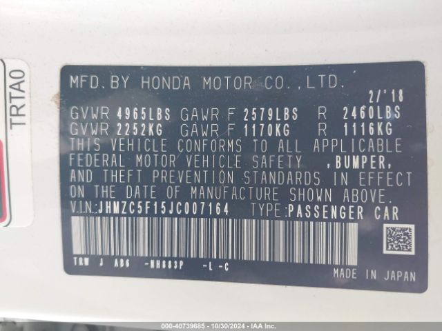 Photo 8 VIN: JHMZC5F15JC007164 - HONDA CLARITY 