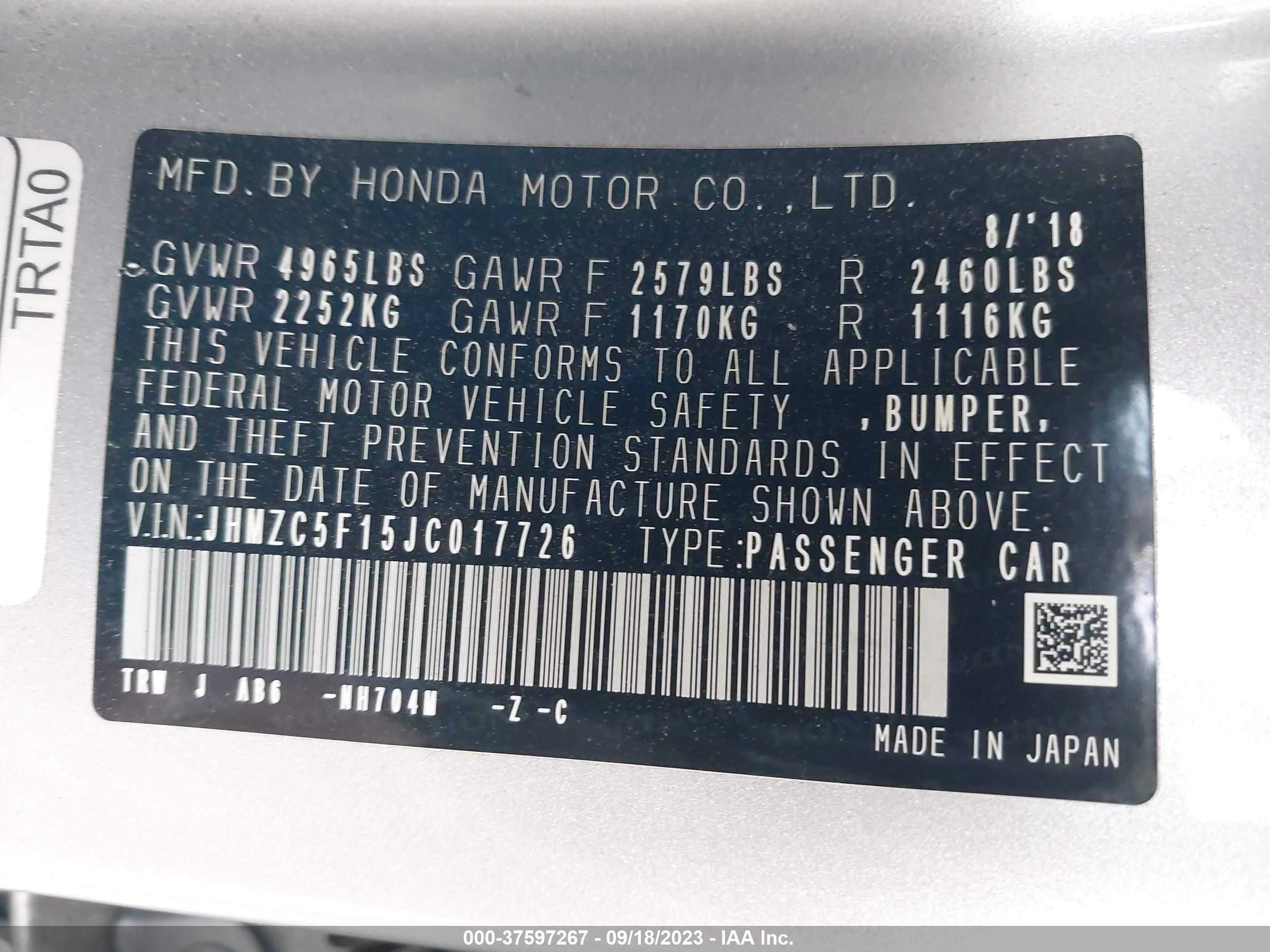 Photo 8 VIN: JHMZC5F15JC017726 - HONDA CLARITY 