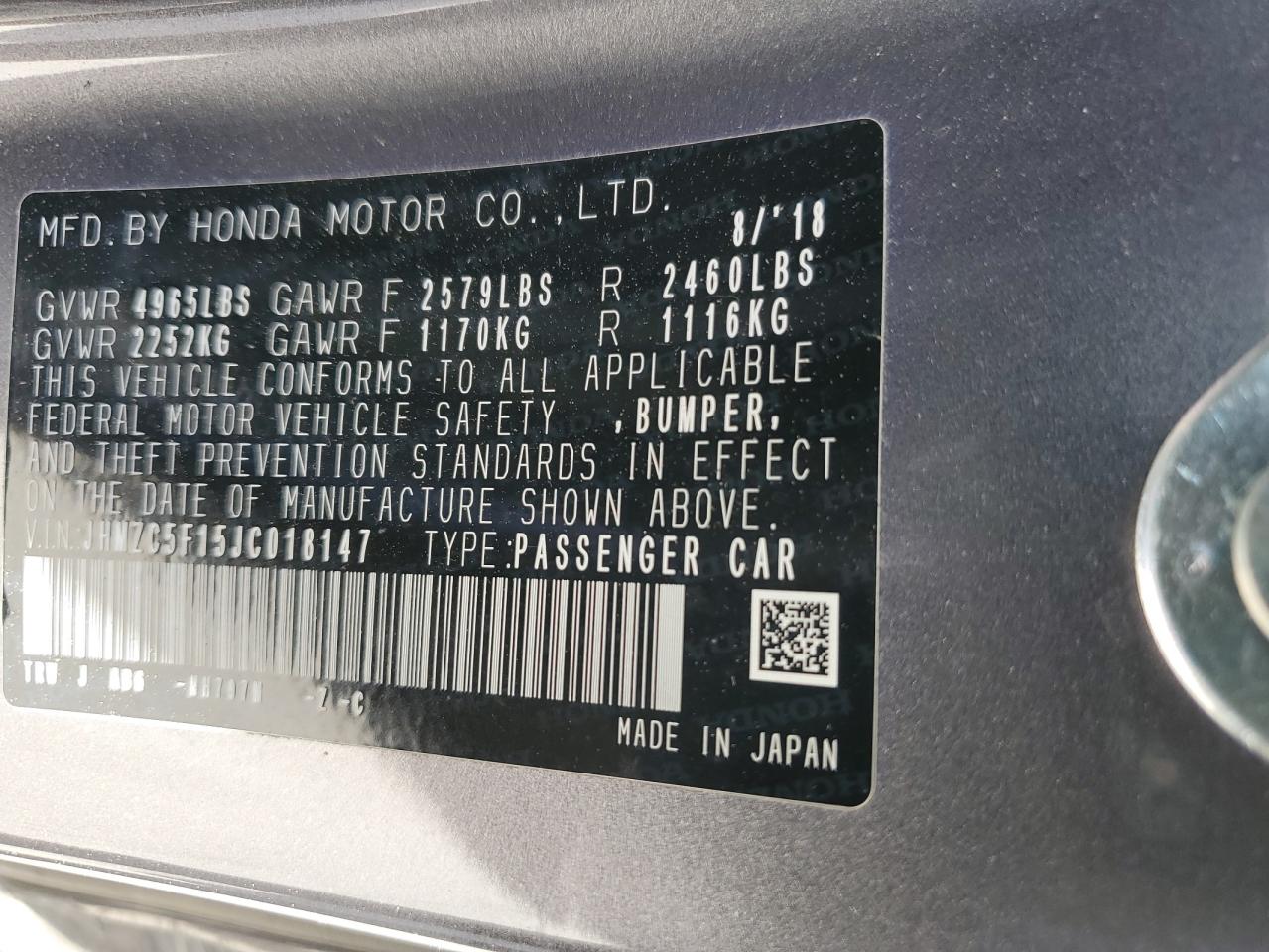 Photo 11 VIN: JHMZC5F15JC018147 - HONDA CLARITY 