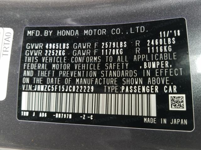 Photo 9 VIN: JHMZC5F15JC022229 - HONDA CLARITY 