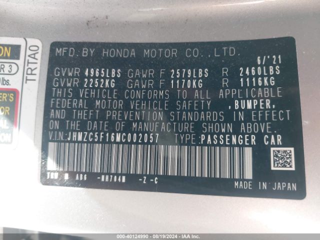 Photo 8 VIN: JHMZC5F16MC002057 - HONDA CLARITY 