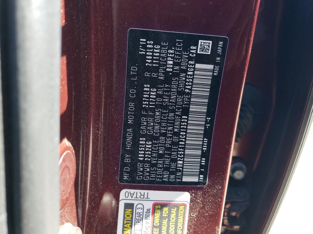 Photo 12 VIN: JHMZC5F18JC013539 - HONDA CLARITY 