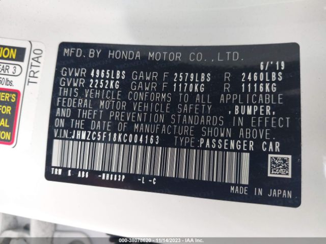 Photo 8 VIN: JHMZC5F18KC004163 - HONDA CLARITY 