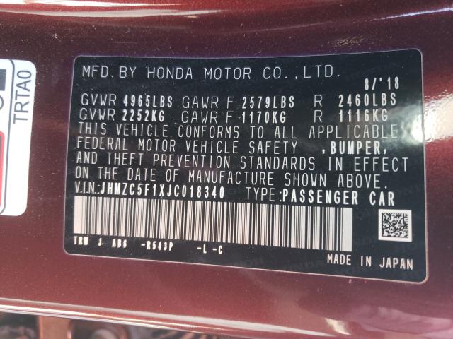 Photo 9 VIN: JHMZC5F1XJC018340 - HONDA CLARITY 