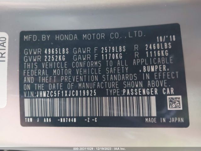 Photo 8 VIN: JHMZC5F1XJC019925 - HONDA CLARITY PLUG-IN HYBRID 