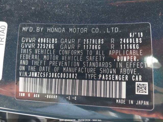 Photo 8 VIN: JHMZC5F30KC003882 - HONDA CLARITY 