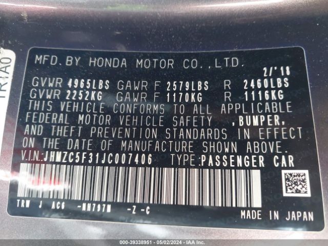 Photo 8 VIN: JHMZC5F31JC007406 - HONDA CLARITY PLUG-IN HYBRID 