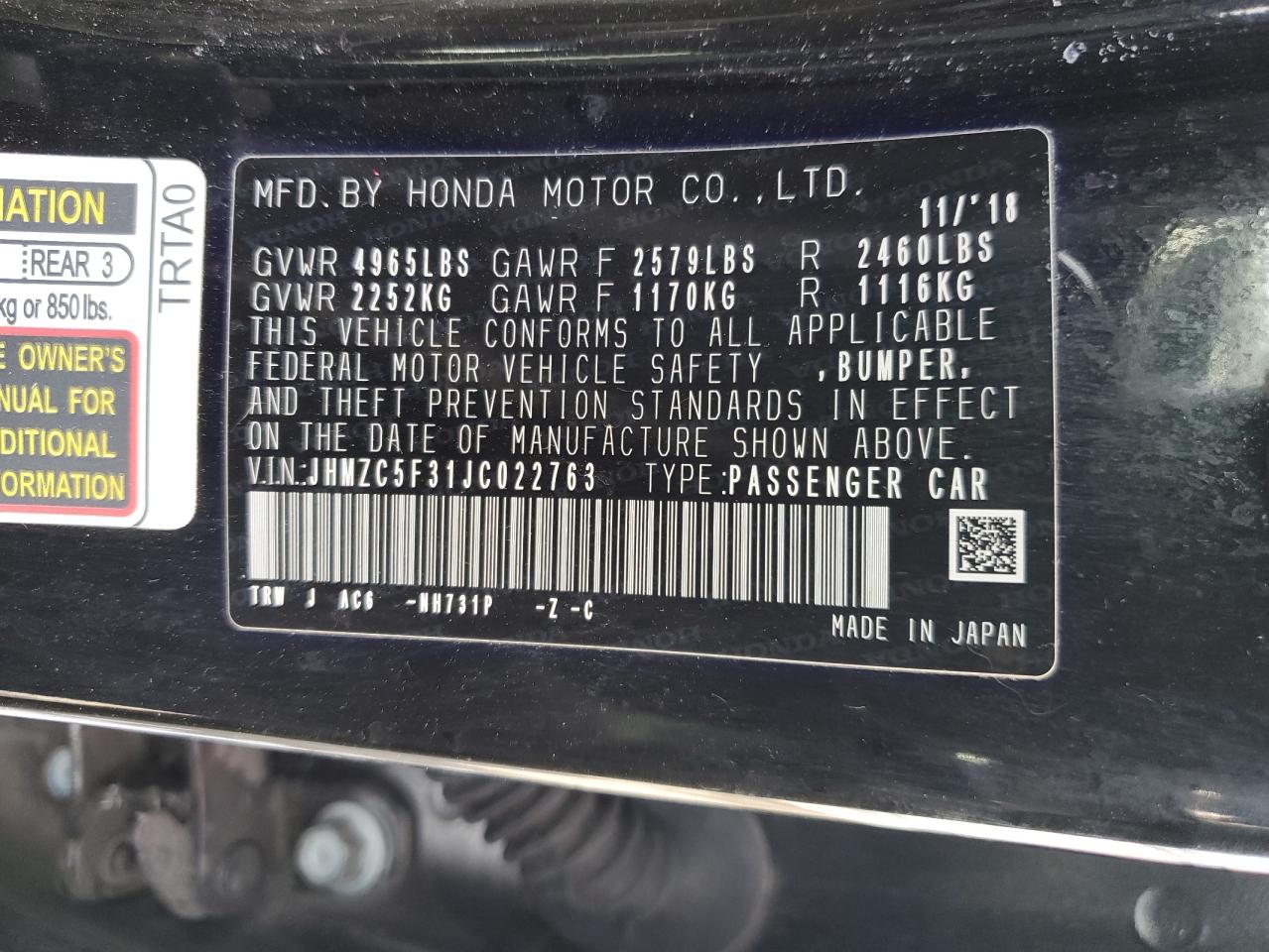 Photo 11 VIN: JHMZC5F31JC022763 - HONDA CLARITY 