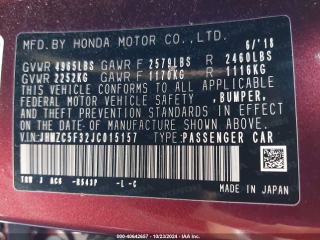 Photo 8 VIN: JHMZC5F32JC015157 - HONDA CLARITY 