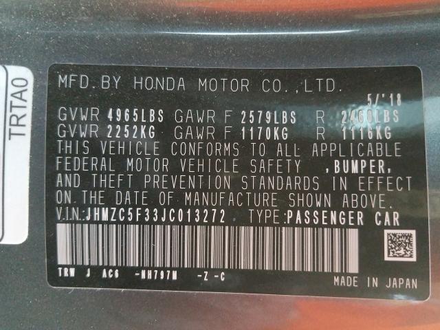 Photo 9 VIN: JHMZC5F33JC013272 - HONDA CLARITY 