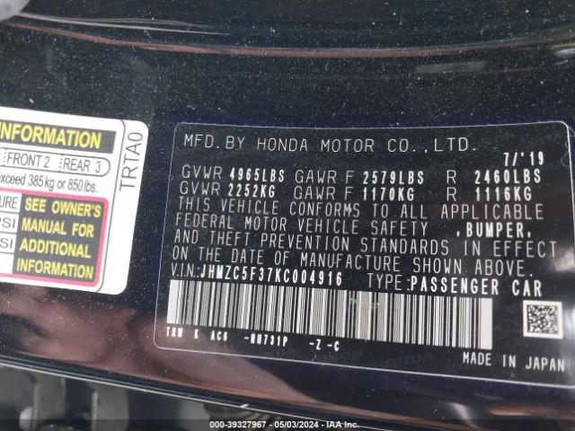 Photo 8 VIN: JHMZC5F37KC004916 - HONDA CLARITY PLUG-IN HYBRID 